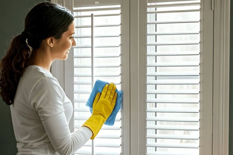 a woman cleaning window shutters